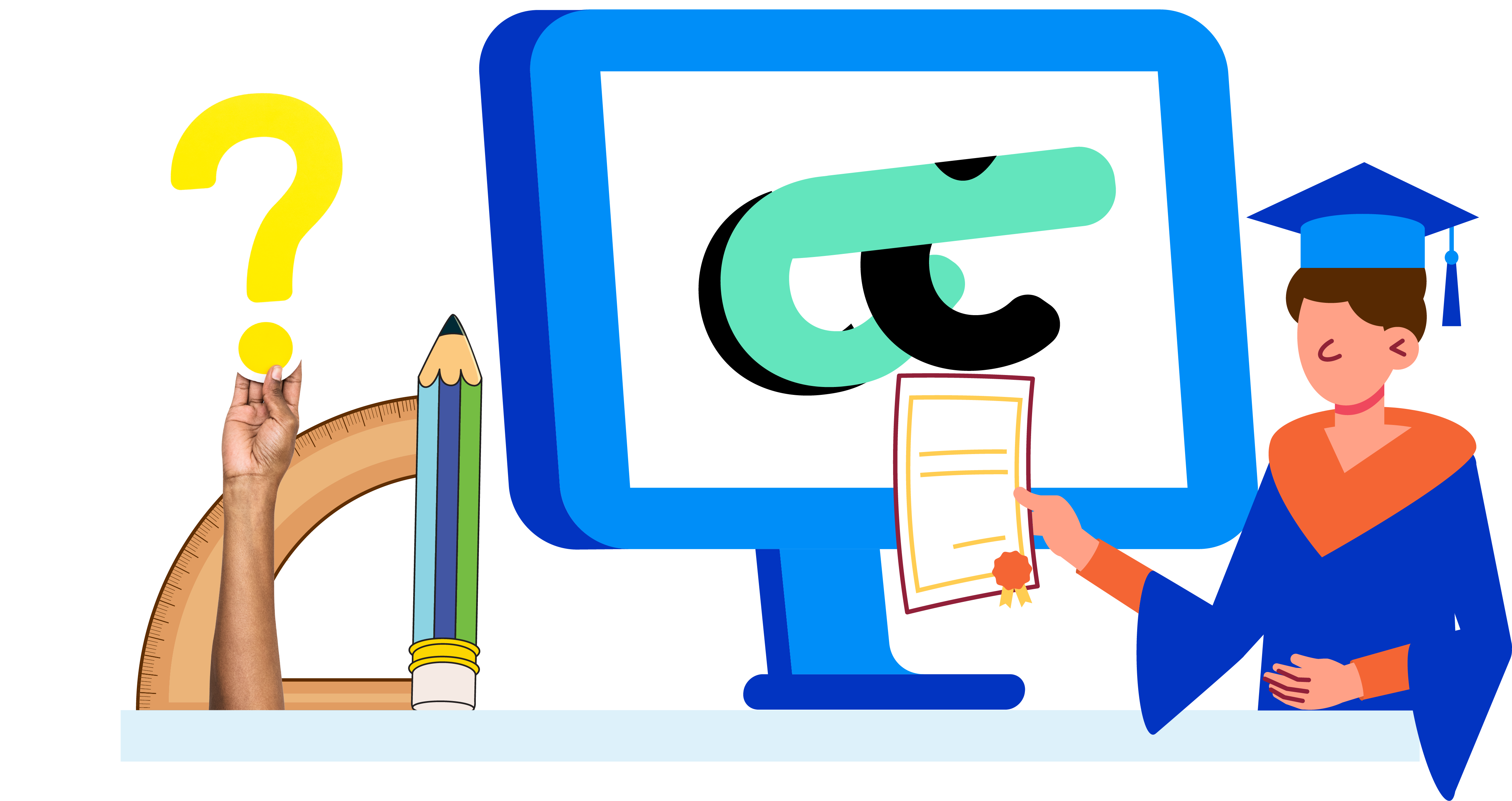 illustration with someone holding up a question mark and another person holding a degree